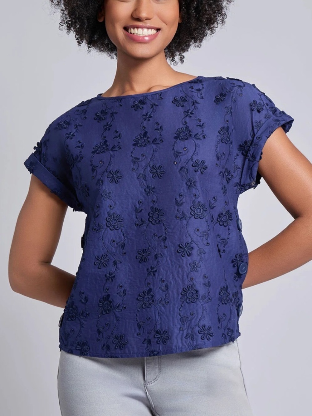 Jones New York Short Sleeve Button Detail Blouse, Floral Eyelet
